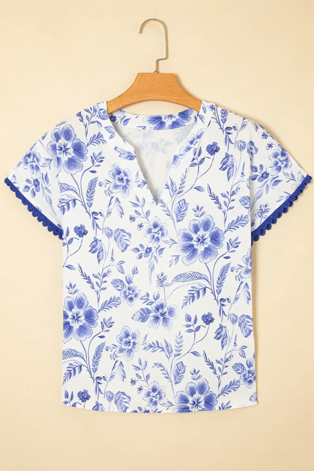 Floral Print Ricrac Trim Short Sleeve Blouse - Southern Shores Clothing