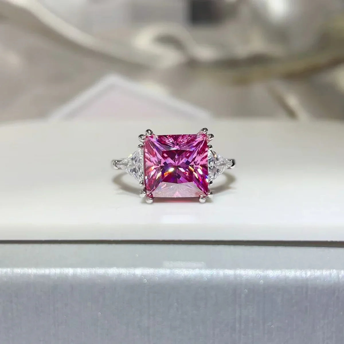 Moissanite Sterling Silver Ring With Princess Cut Center Stone - Southern Shores Clothing