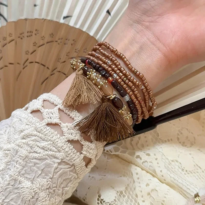 Multi Strand Boho Tassel Rice Bead Bracelet With Layered Beads - Southern Shores Clothing