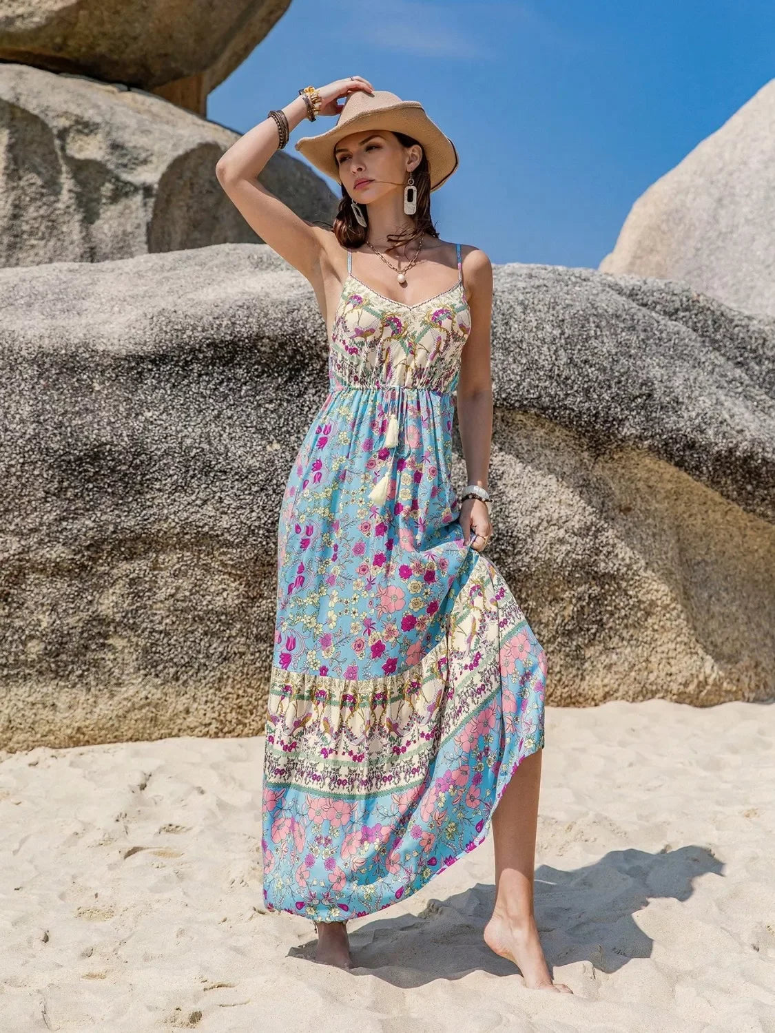Tassel Floral Print Cami Dress Long Maxi Silhouette Style - Southern Shores Clothing