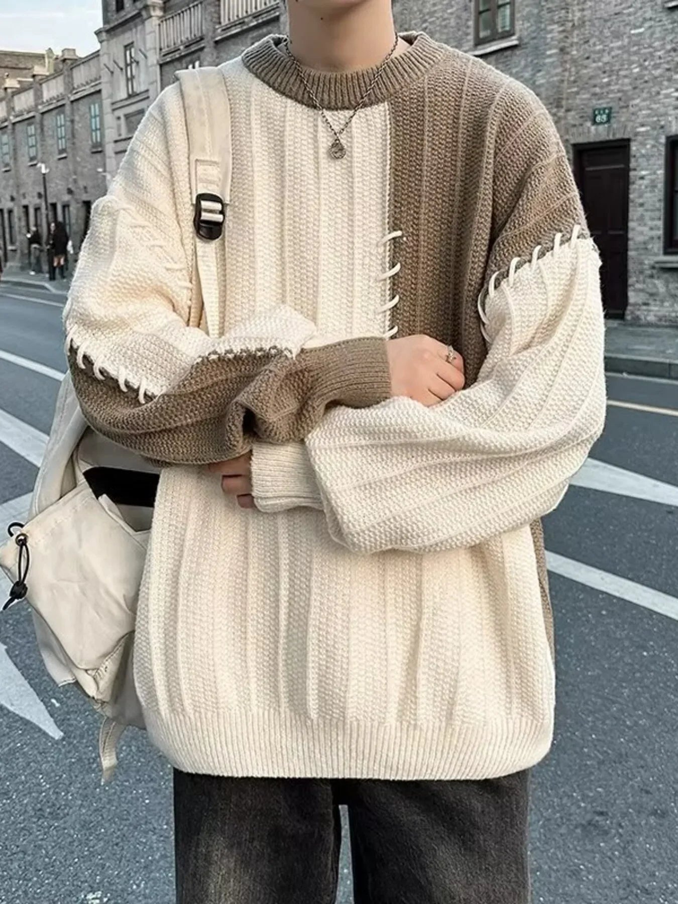 Oversized Block Knitted Pullover With Relaxed Fit - Southern Shores Clothing