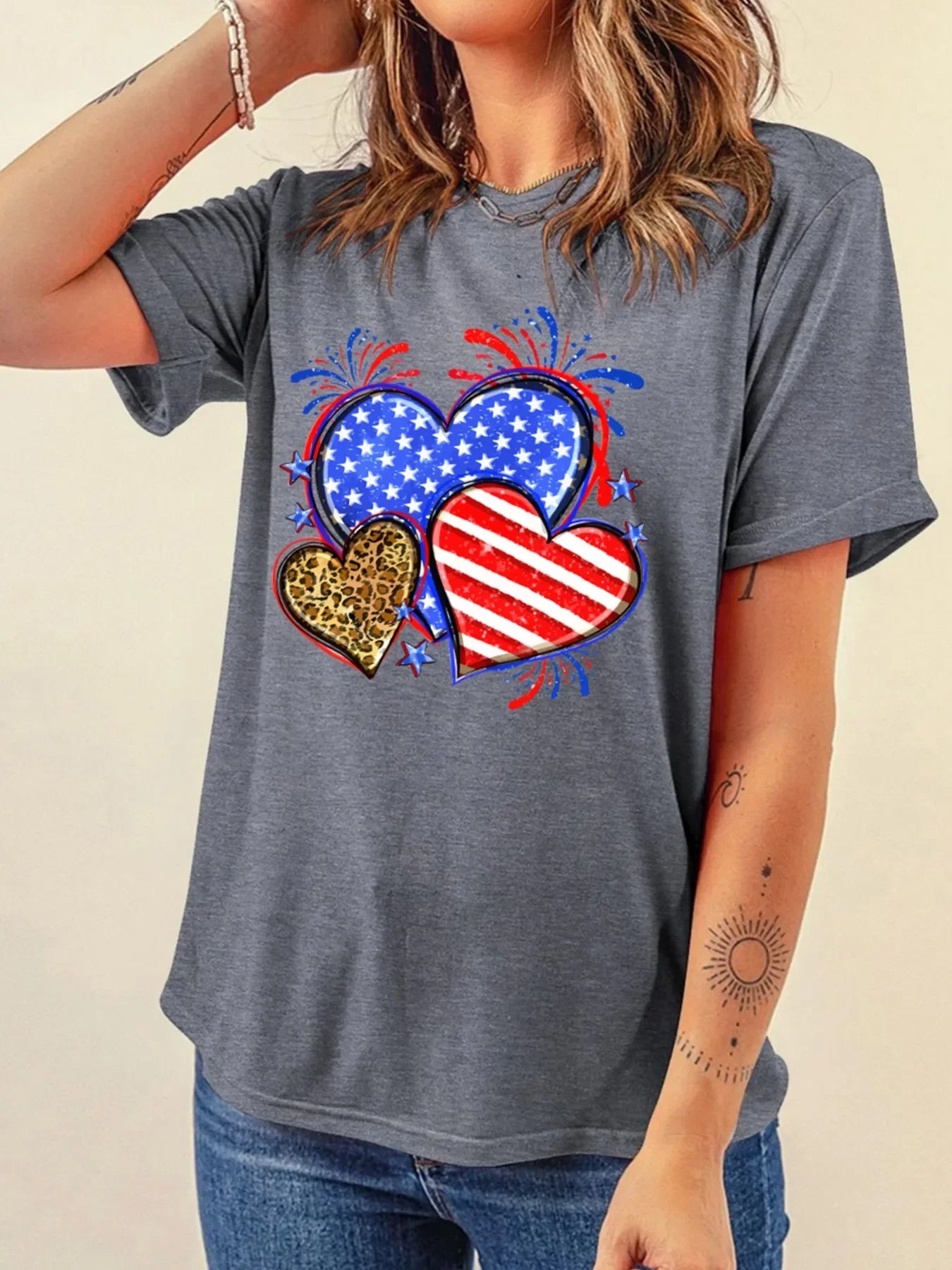 Heart Graphic Round Neck T Shirt Leopard Accent - Southern Shores Clothing