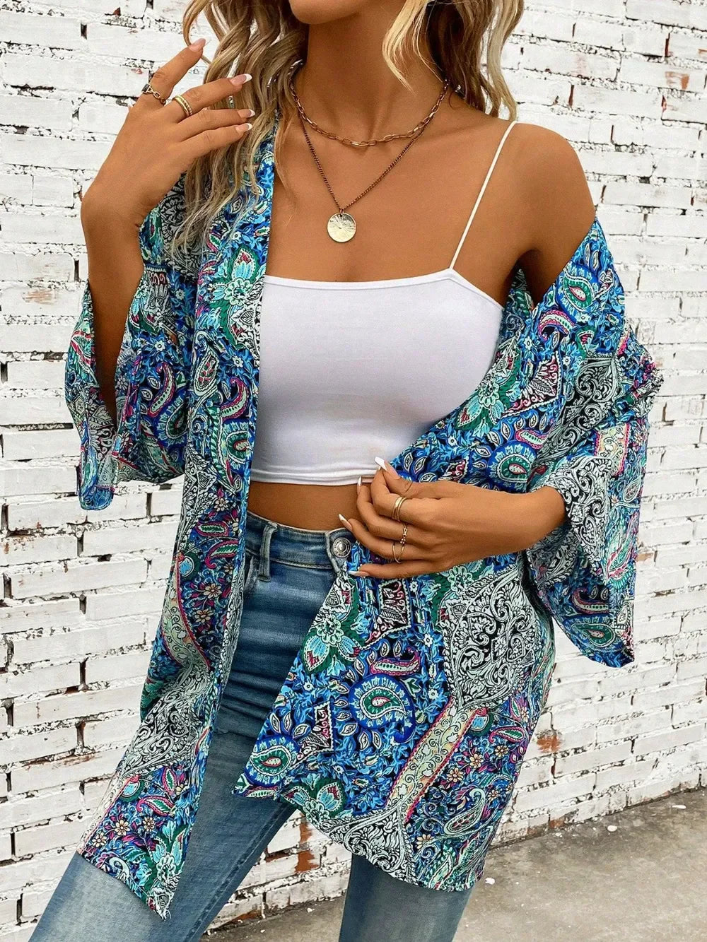Printed Open Front Three-Quarter Sleeve Cover Up One Size - Southern Shores Clothing