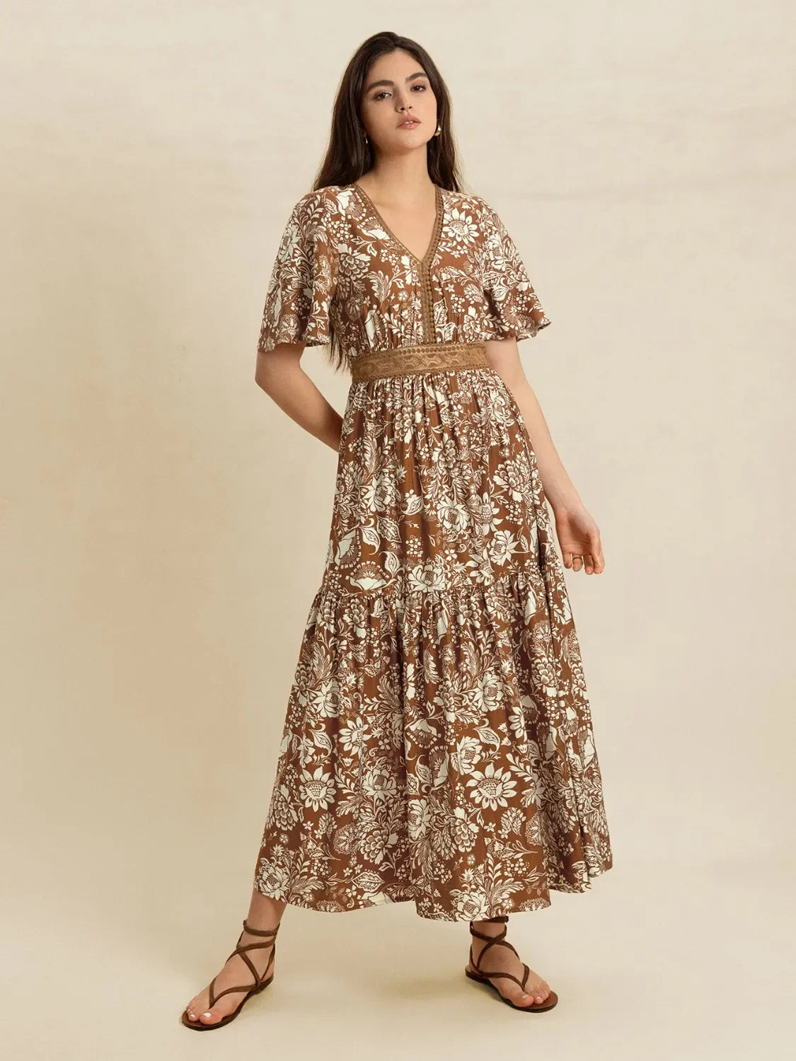 Lace Detail Floral Print Short Sleeve Midi Dress V Neck - Southern Shores Clothing