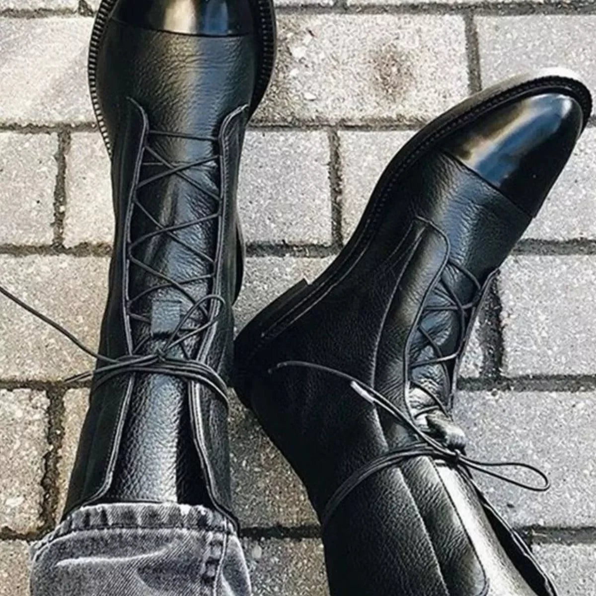 Lace Up Leather Boots With Flat Heel Classic - Southern Shores Clothing