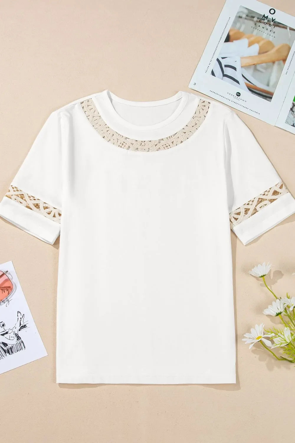 Lace Crochet Crew Neck Casual Tee For Everyday Wear - Southern Shores Clothing
