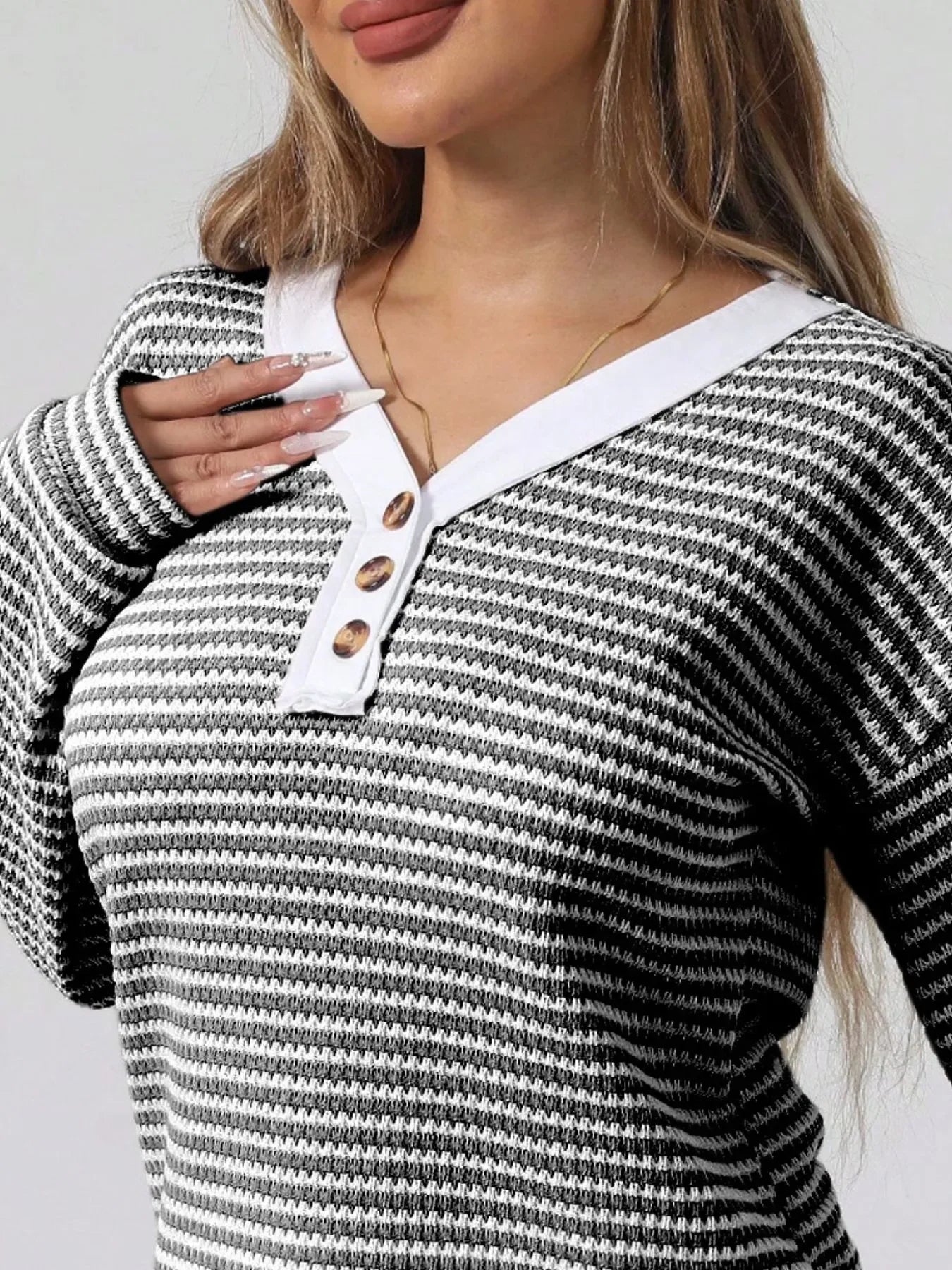 Striped Button Detail Long Sleeve Top - Southern Shores Clothing