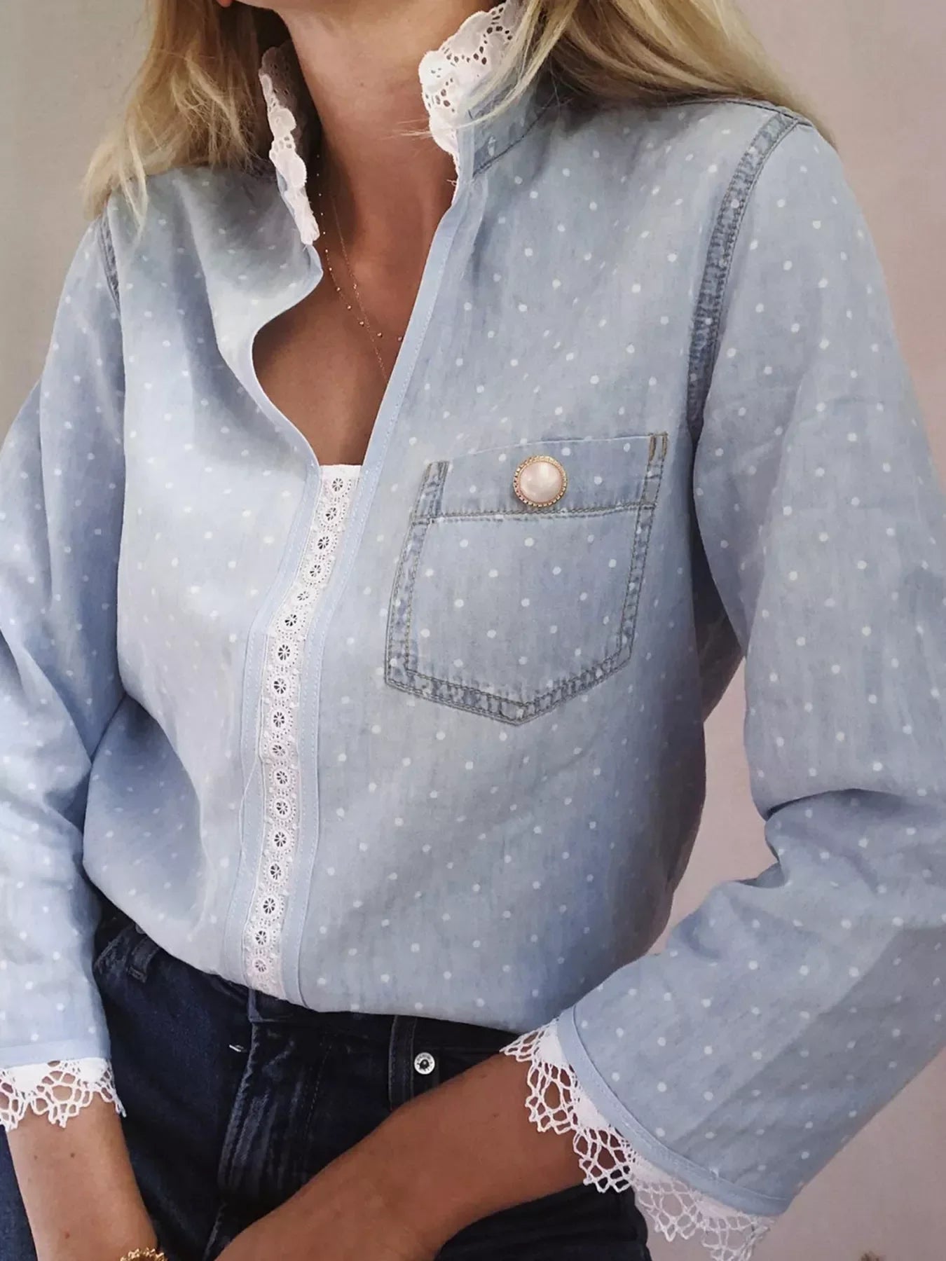 Lace Trim Patchwork Dotted Print Collared Blouse - Southern Shores Clothing