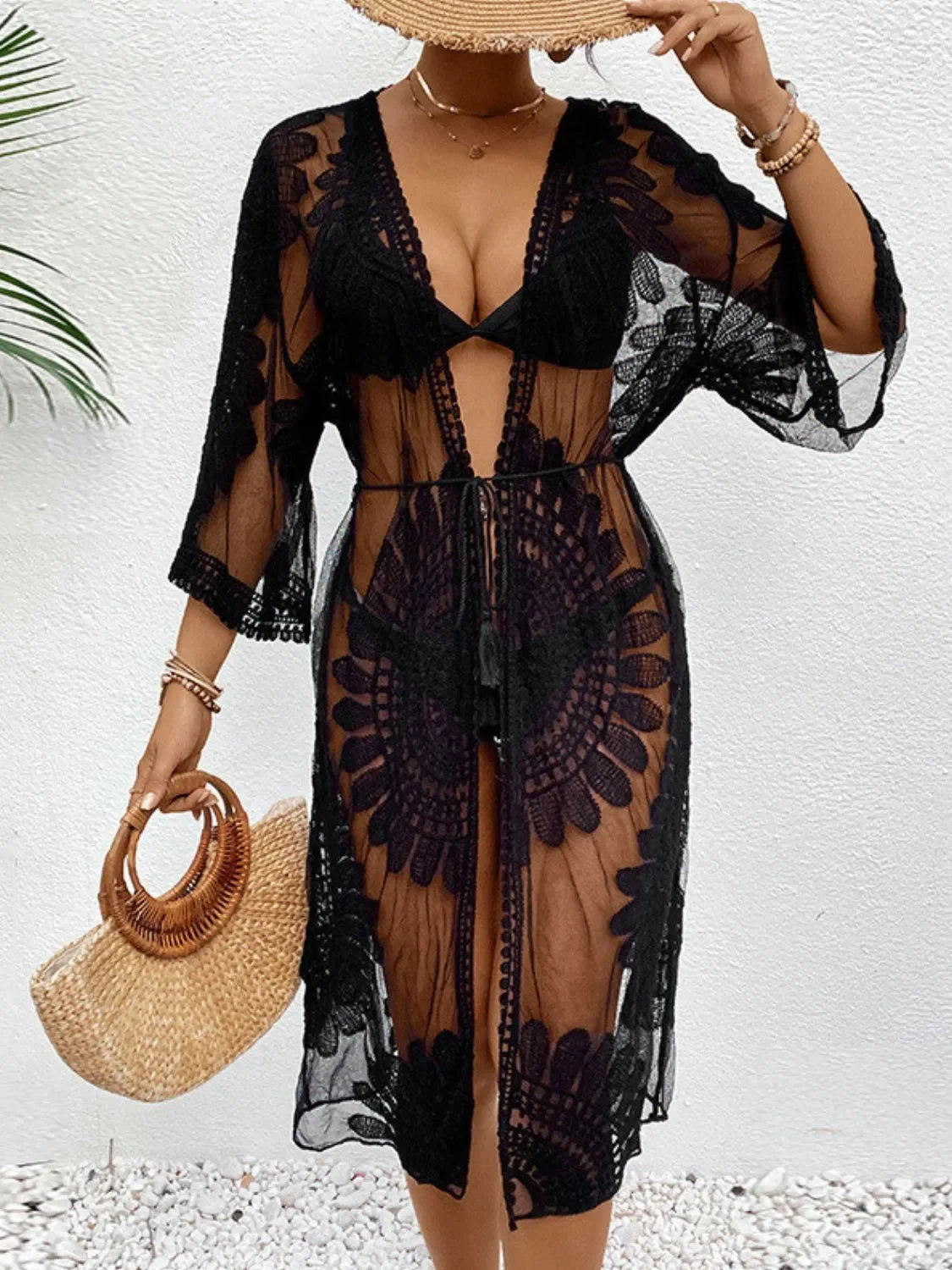 Lace Open Front Longline Cover Up One Size - Southern Shores Clothing
