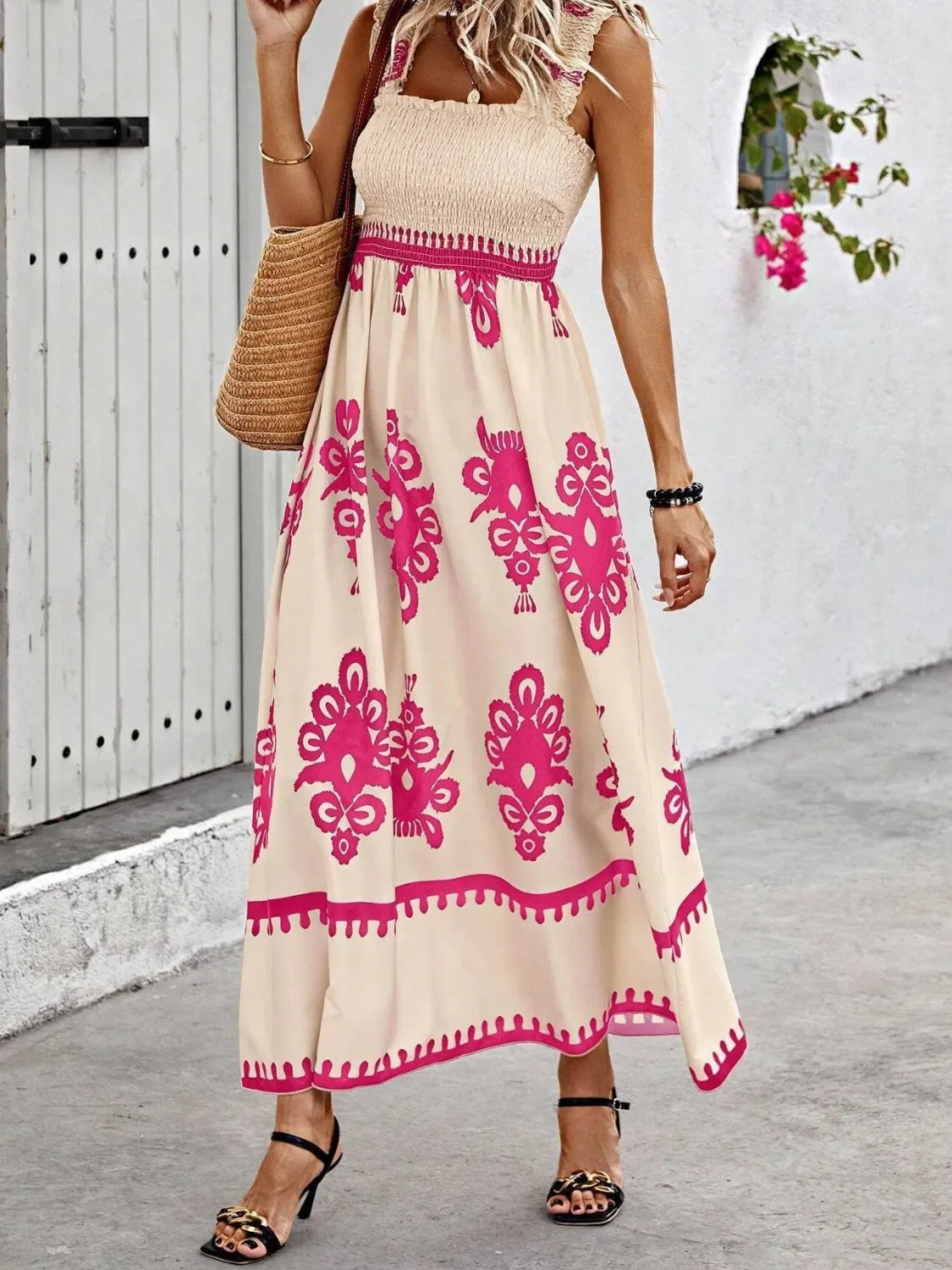 Smocked Printed Maxi Dress With Wide Straps Boho Style Details - Southern Shores Clothing