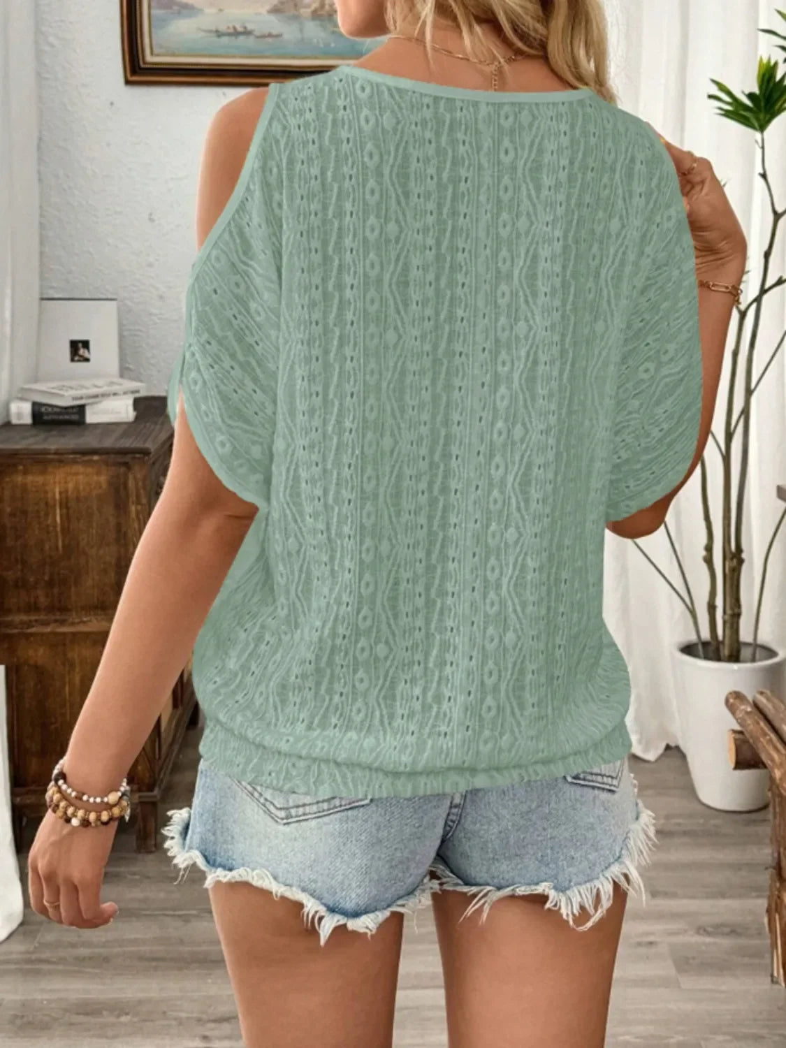 Eyelet Cold Shoulder Blouse With Round Neck - Southern Shores Clothing