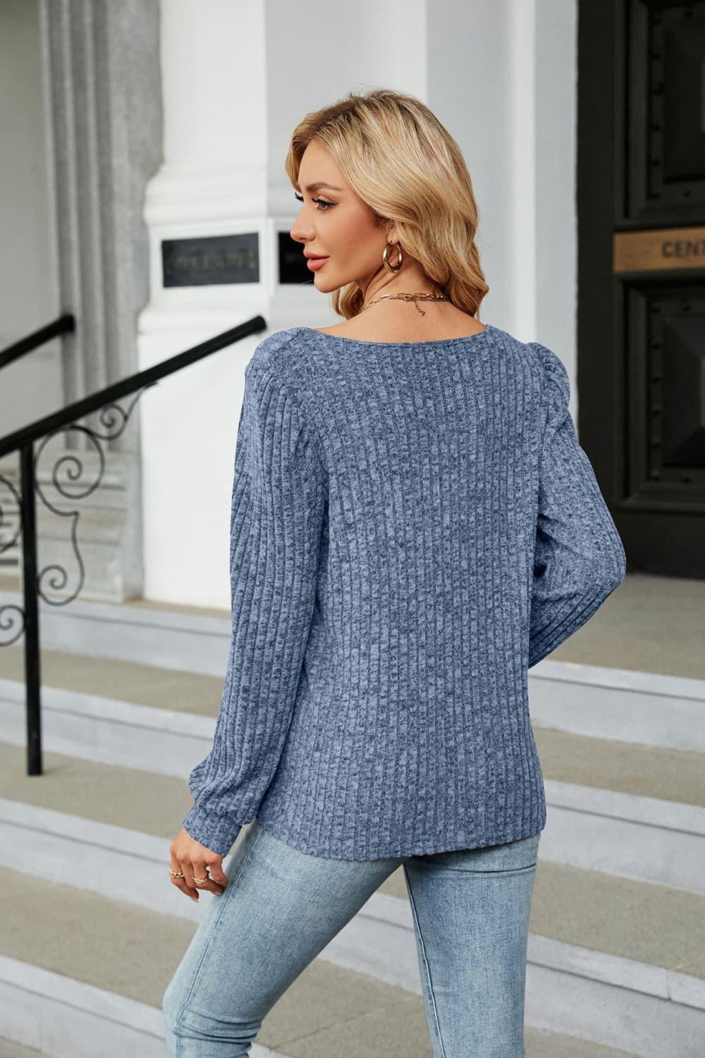 Ribbed Square Neck Long Sleeve T Shirt Rayon Blend Top - Southern Shores Clothing