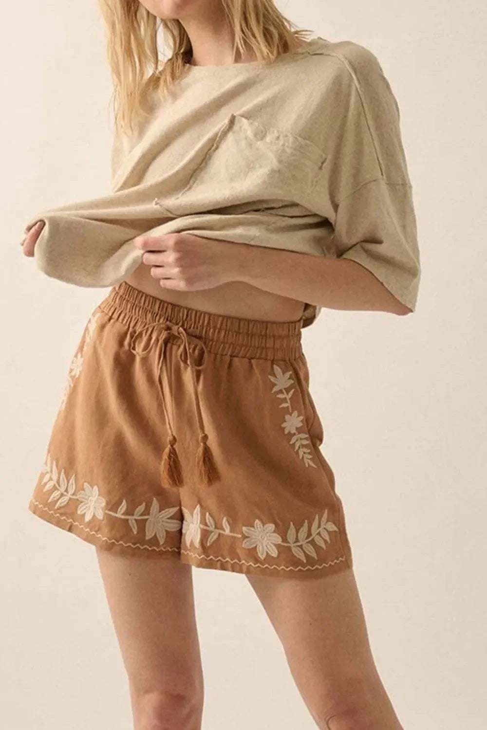 Embroidered Boho Tasseled Drawstring Elastic Waist Casual Shorts - Southern Shores Clothing