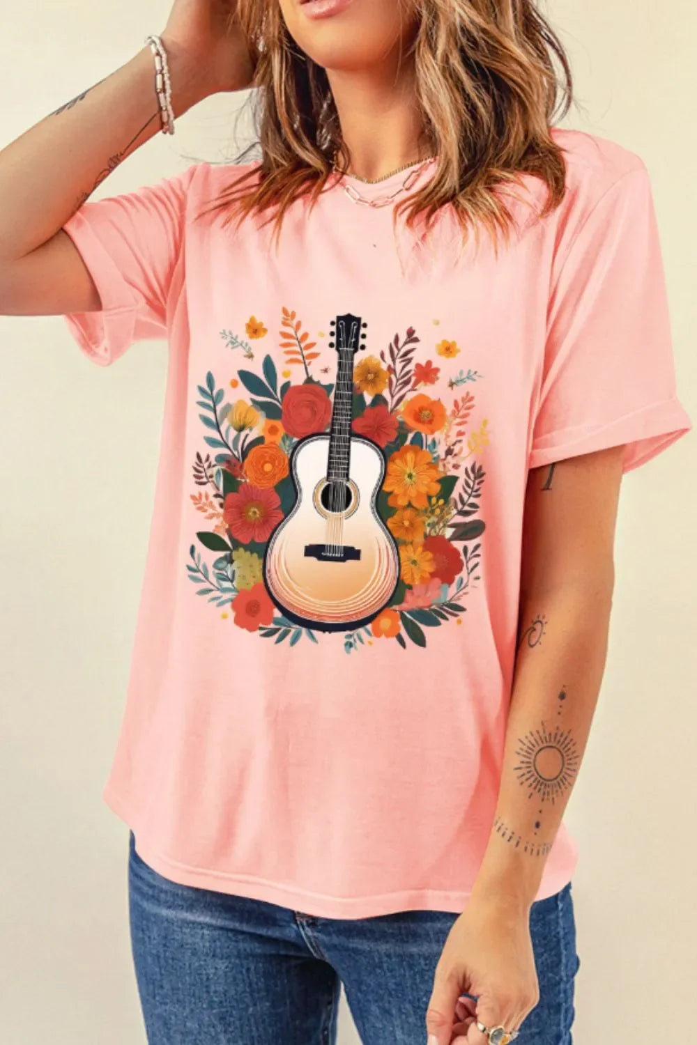 Guitar Flower Print Crew Neck T Shirt Loose Fit - Southern Shores Clothing