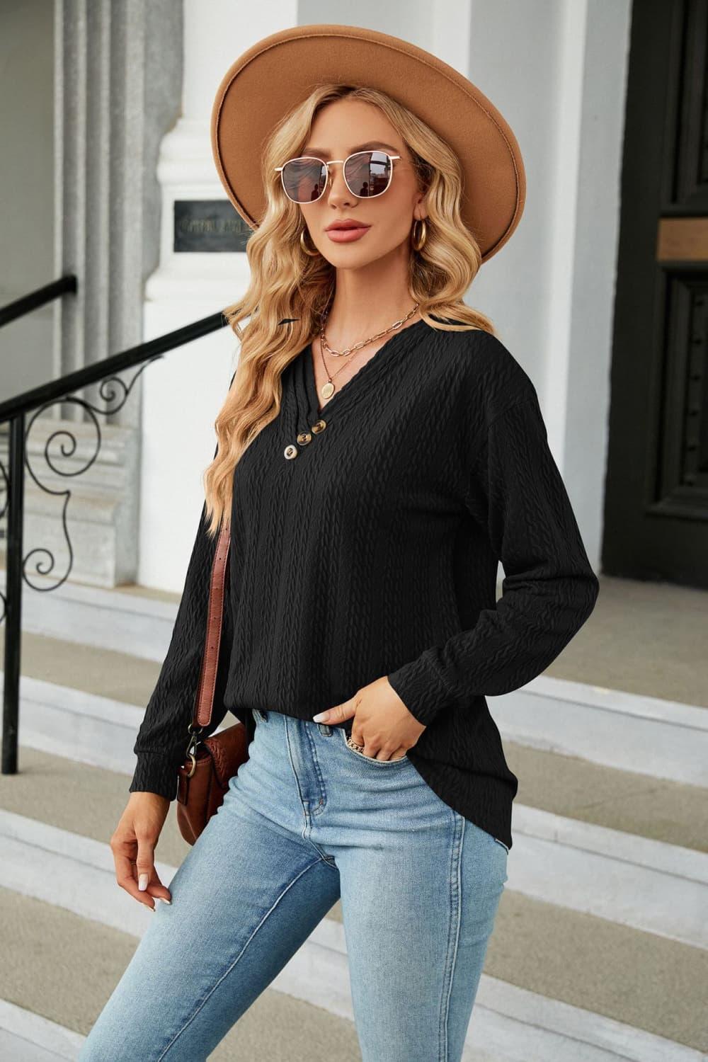 Decorative Button V-Neck Long Sleeve T-Shirt - Southern Shores Clothing