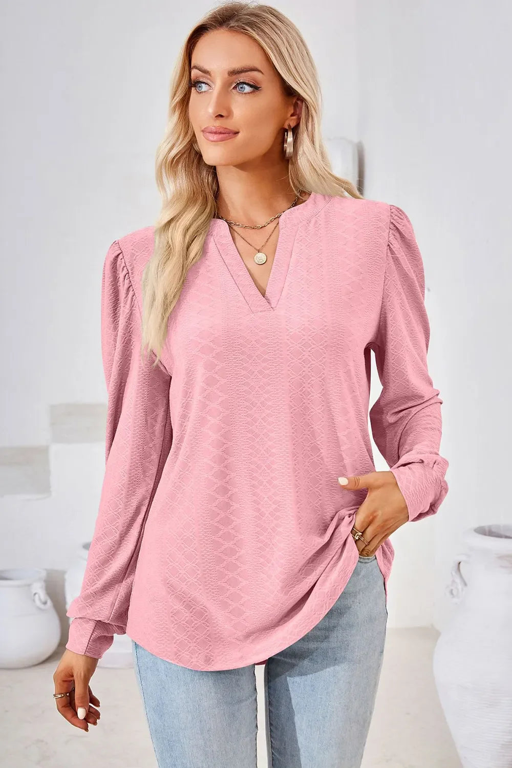 Notched Long Sleeve Top With Slightly Stretchy Fit - Southern Shores Clothing