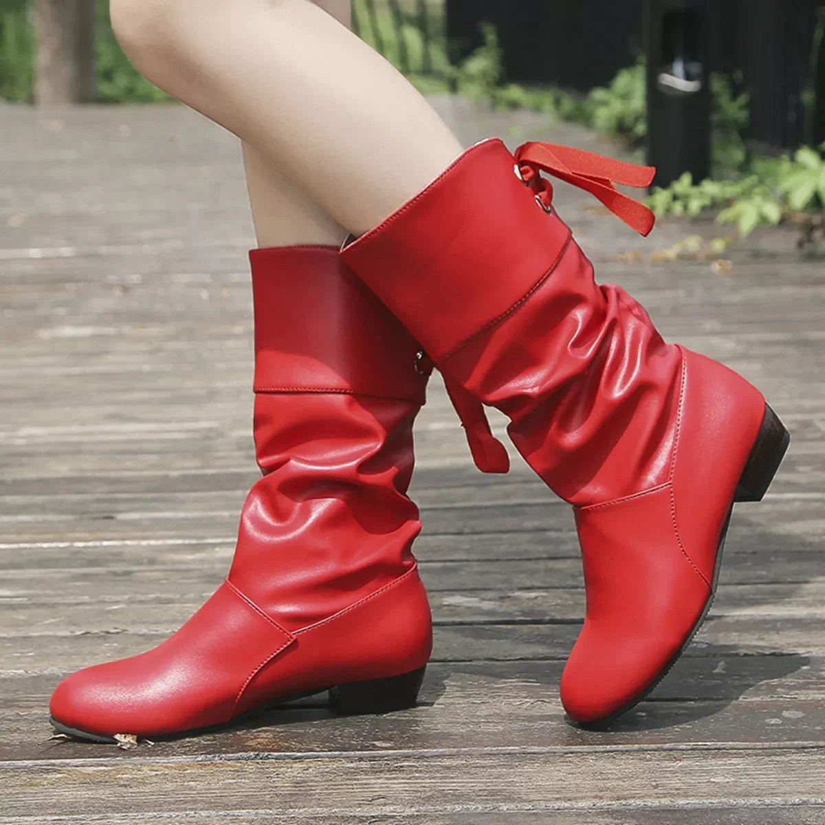Round Toe Block Heels Boots With Low Heels