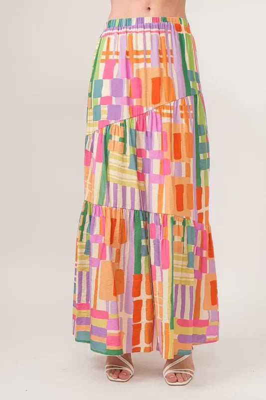 Asymmetric Geometric Print Tiered Maxi Skirt - Southern Shores Clothing