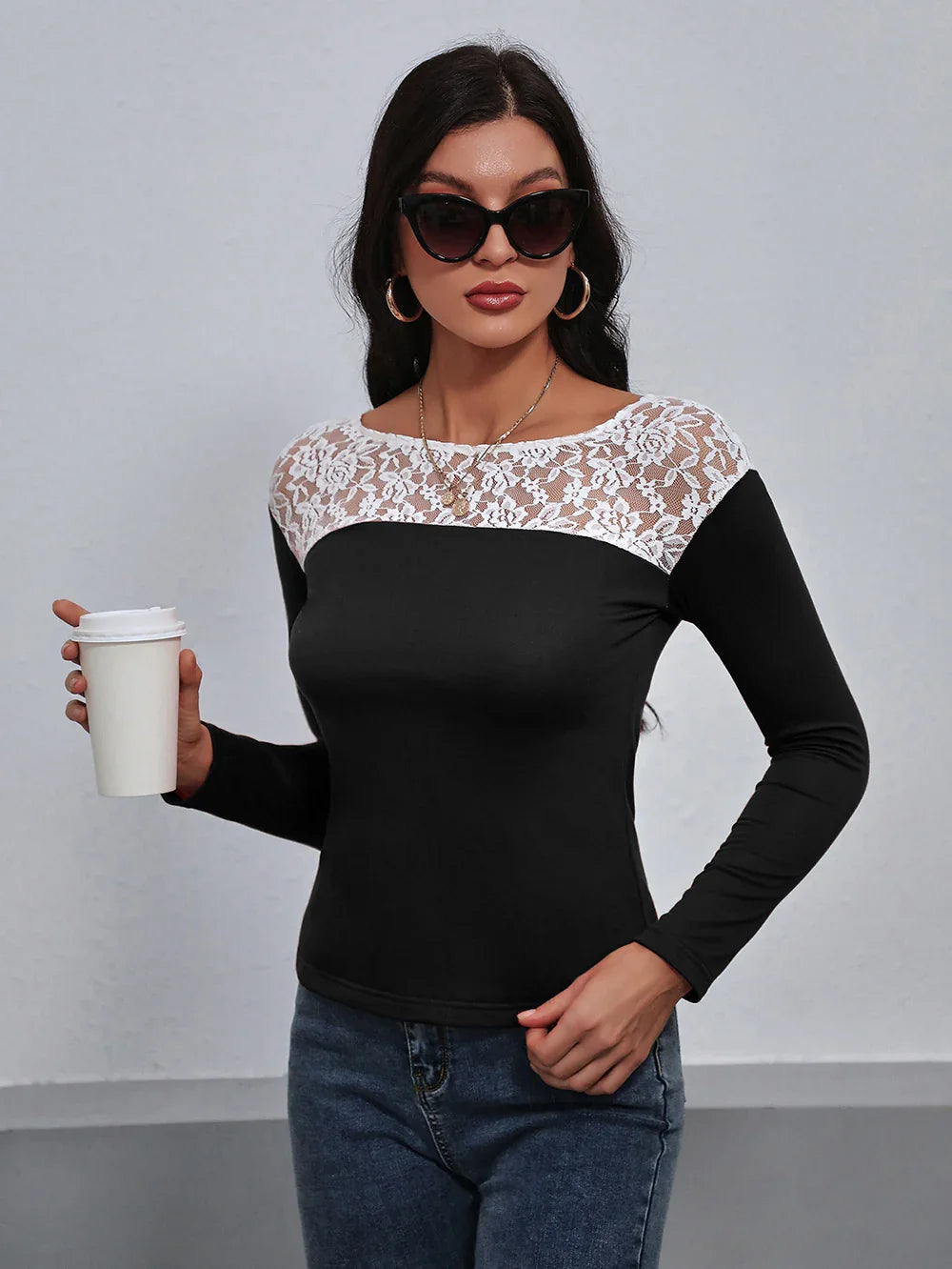 Lace Trim Long Sleeve Round Neck Tee For Casual Wear - Southern Shores Clothing