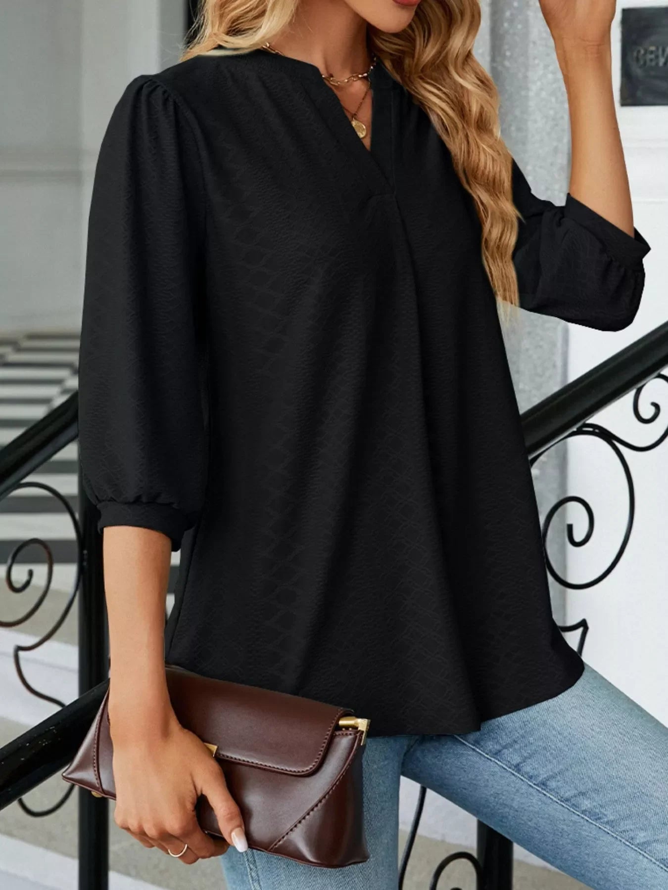 Notched 3/4 Sleeve Casual Top - Southern Shores Clothing