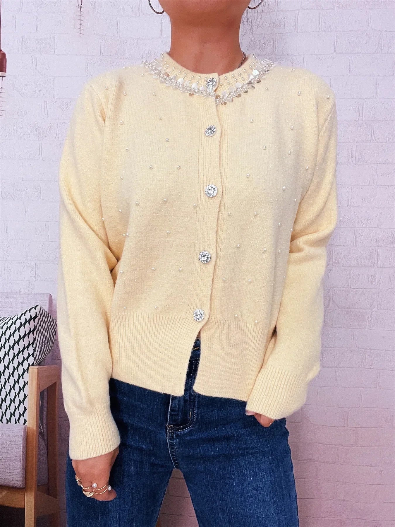 Pearl Detail Button Front Cardigan Stretch Knit - Southern Shores Clothing
