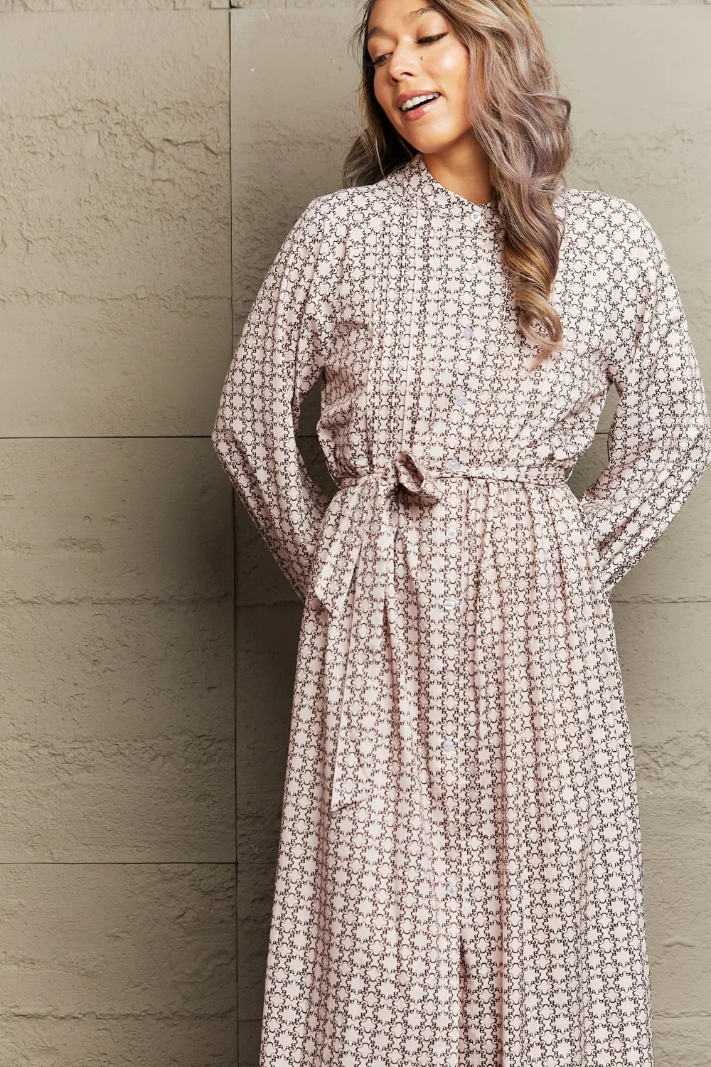 Printed Tie Waist Long Sleeve Midi Dress - Southern Shores Clothing