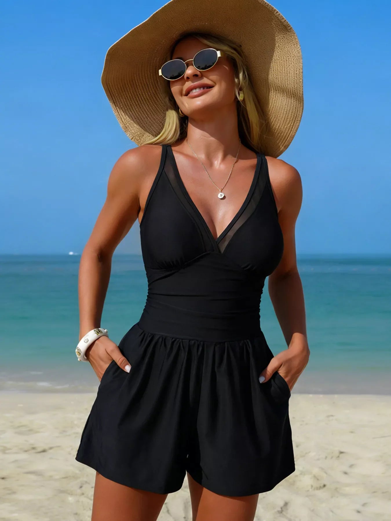 V-Neck One-Piece Swimsuit With Pockets - Southern Shores Clothing