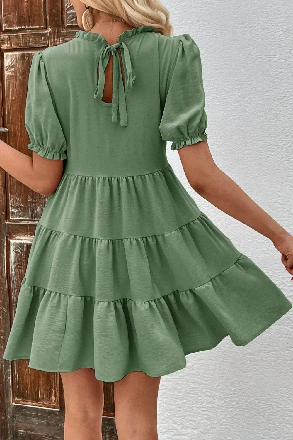 Perfee Puff Sleeve Tie Back Tiered Dress - Southern Shores Clothing