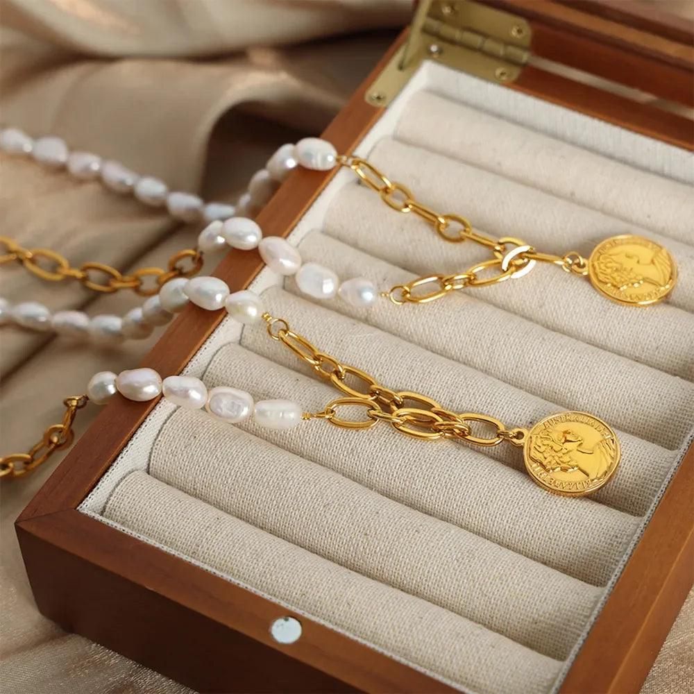 Pearl Coin Pendant Necklace With Titanium Chain Gold Plated - Southern Shores Clothing