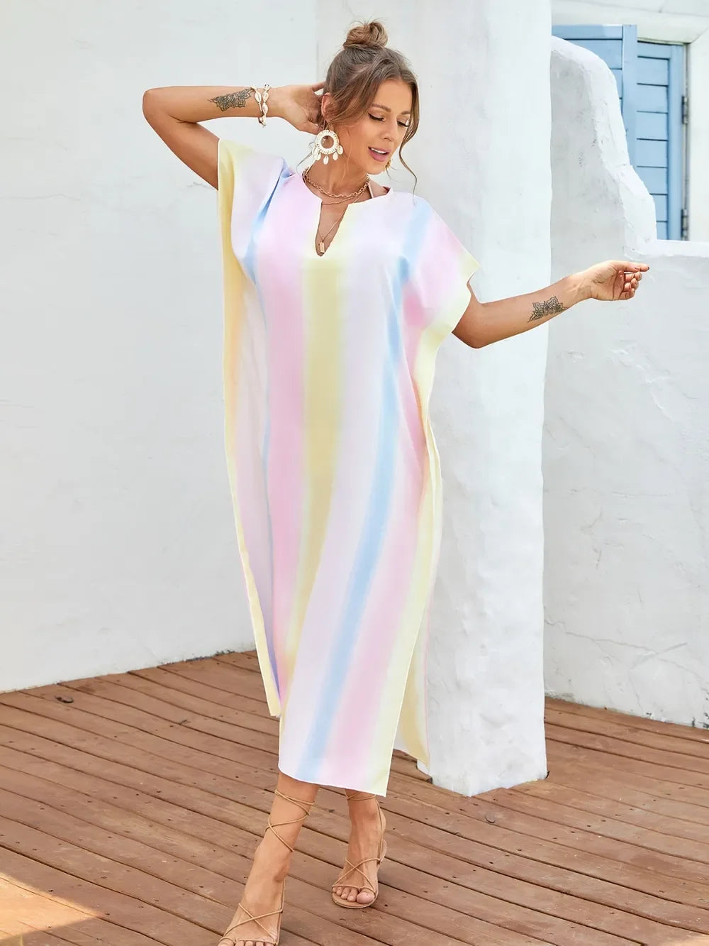 Striped Slit Notched Short Sleeve Cover Up One Size - Southern Shores Clothing