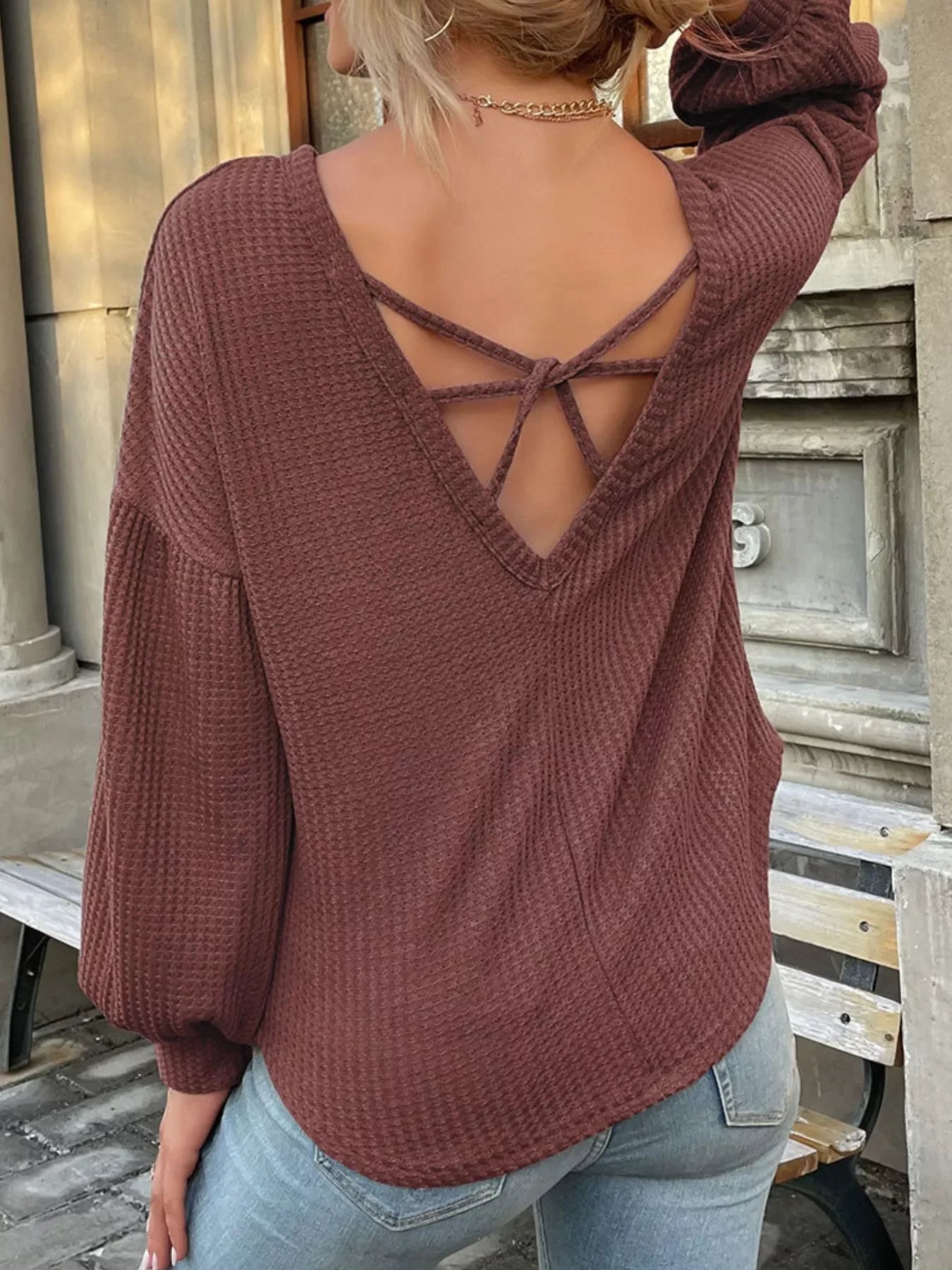 Waffle Knit Round Neck Top - Southern Shores Clothing