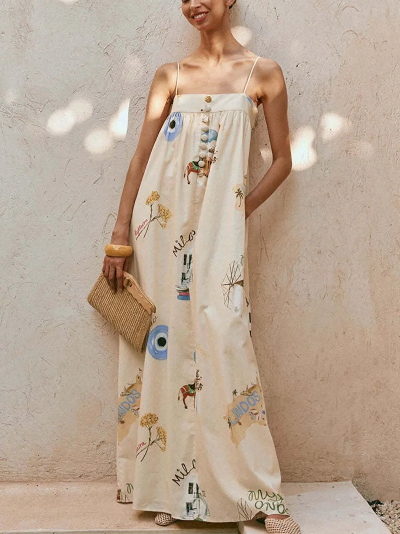 Bohemian Print Cami Maxi Dress With Pockets And Delicate Straps - Southern Shores Clothing