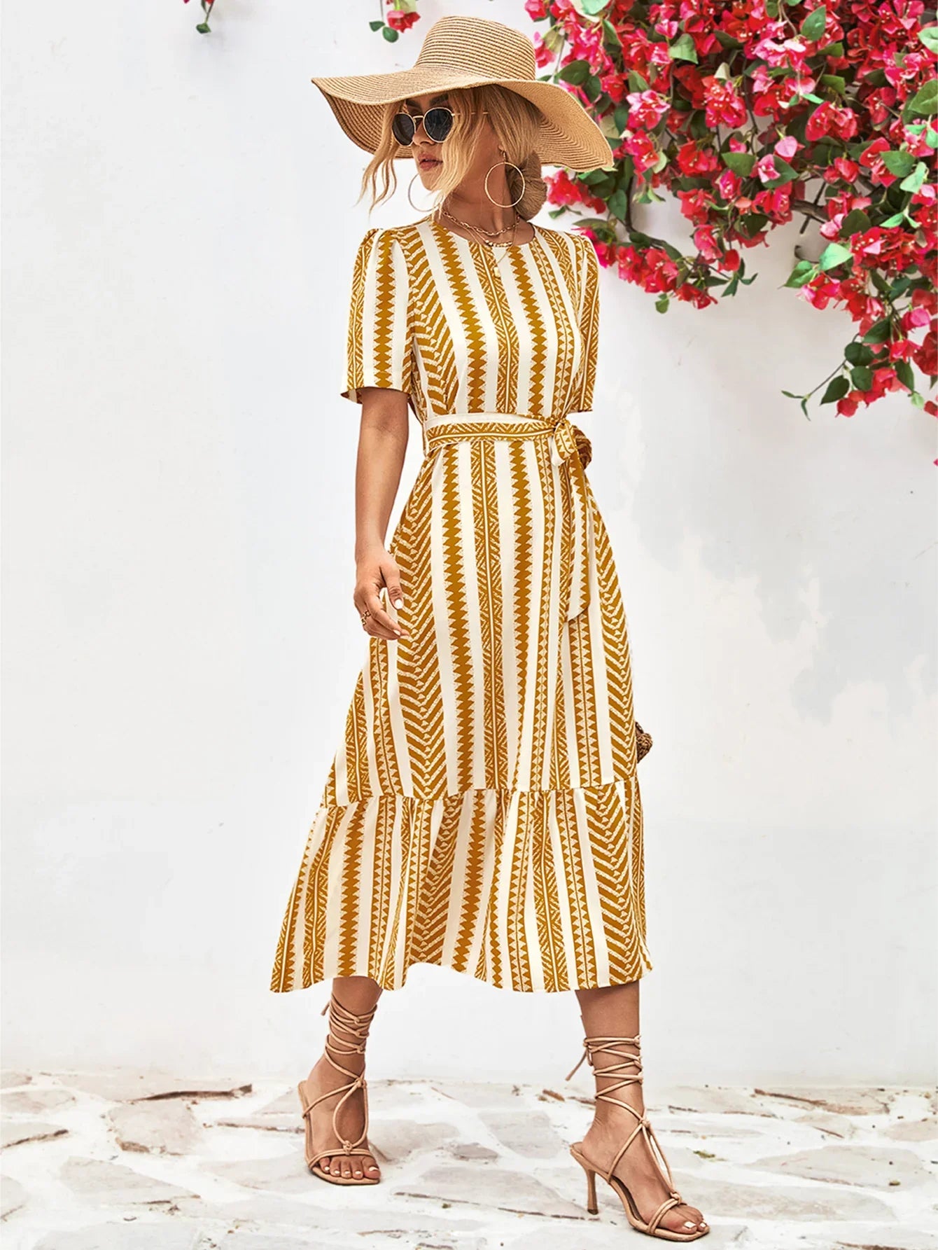 Striped Tie Belt Round Neck Puff Sleeve Dress - Southern Shores Clothing