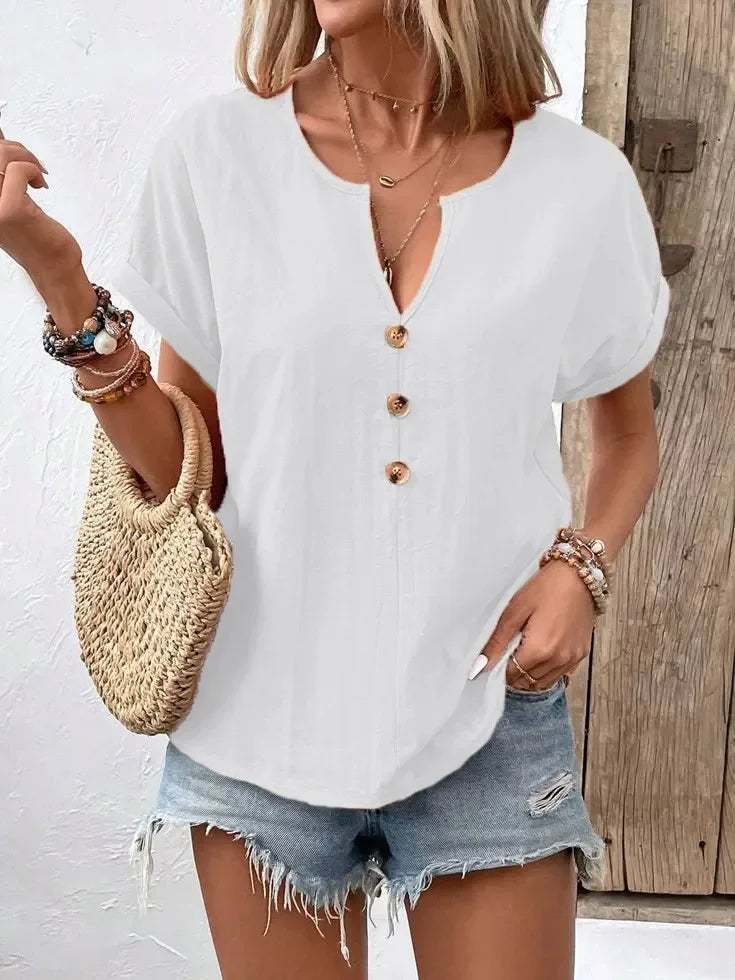 Plus Size Notched Short Sleeve T Shirt With Button Front - Southern Shores Clothing