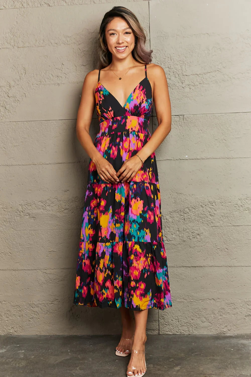 Perfee Cutout Spaghetti Strap Tiered Dress - Southern Shores Clothing