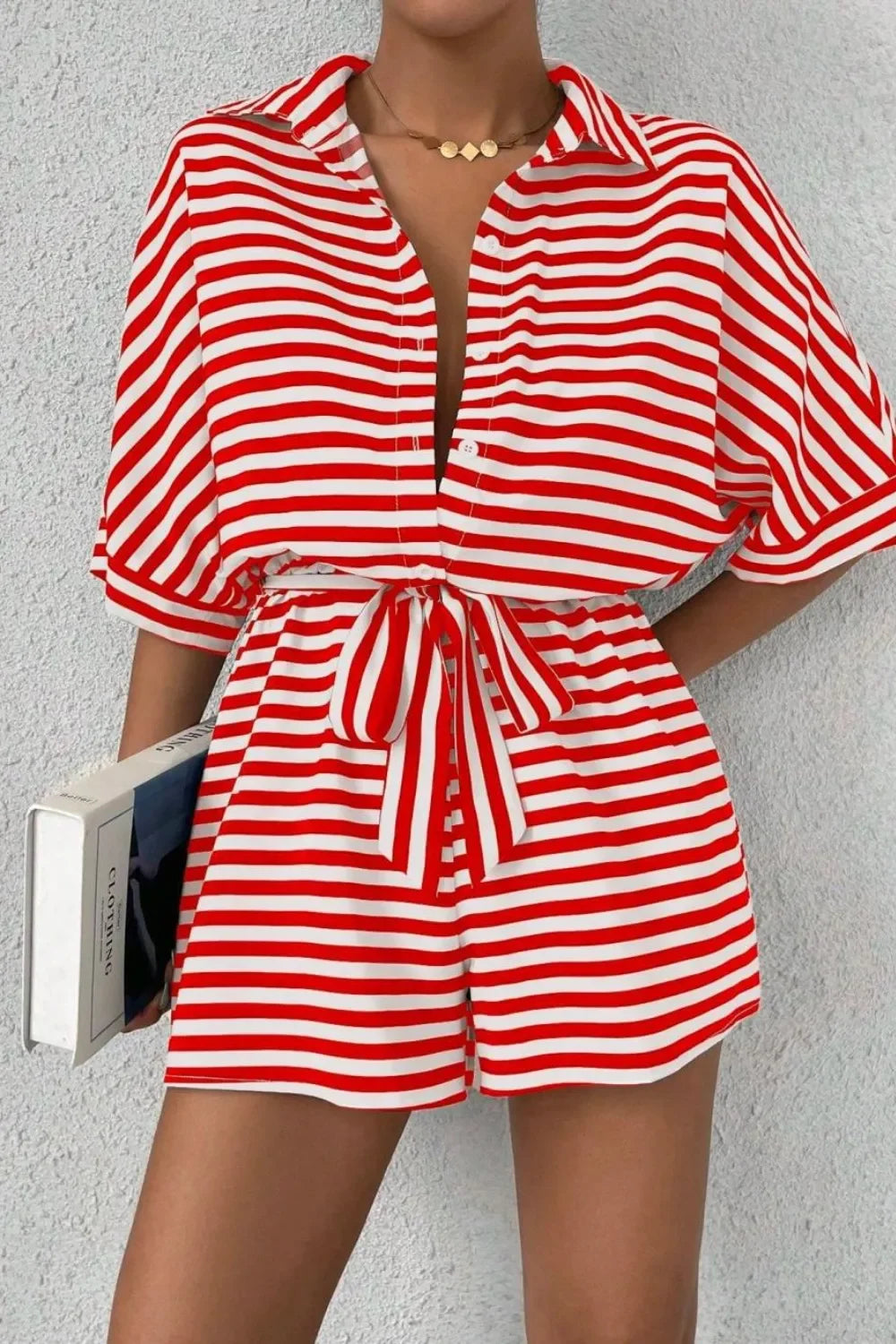 Striped Collared Neck Tie Waist Romper Relaxed Fit - Southern Shores Clothing