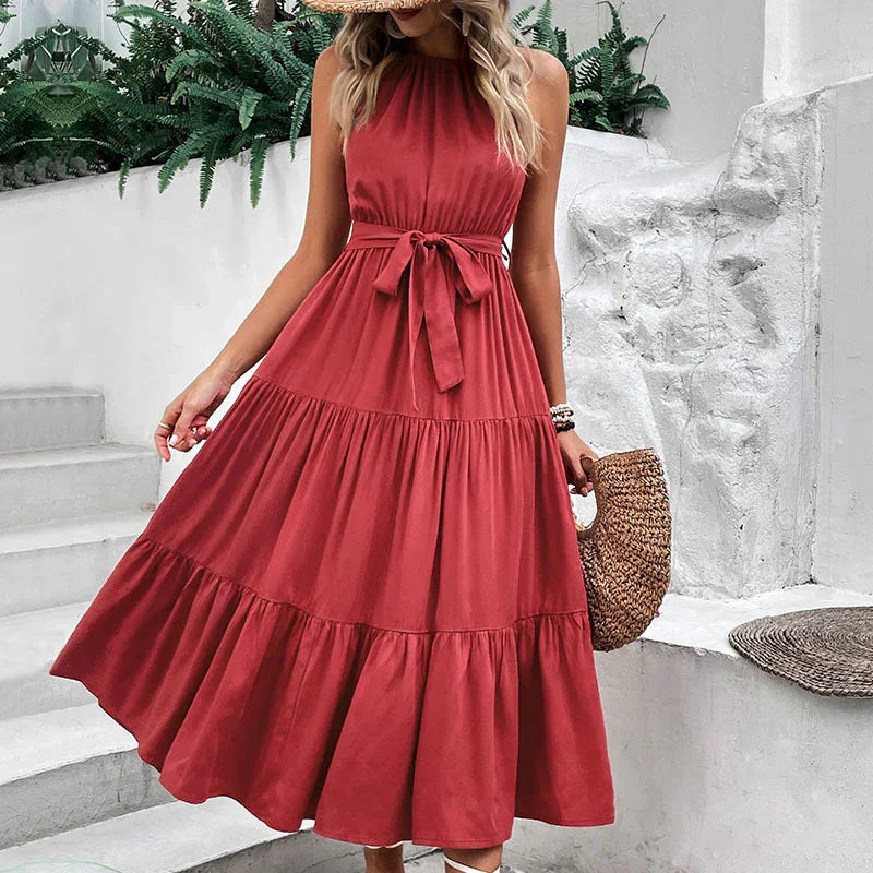 Perfee Tie Belt Tiered Midi Dress - Southern Shores Clothing