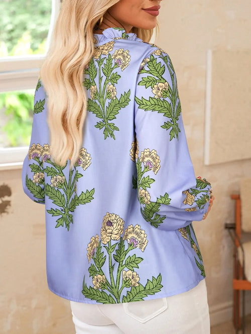 Floral Print Buttoned Long Sleeve Tie Neck Blouse - Southern Shores Clothing