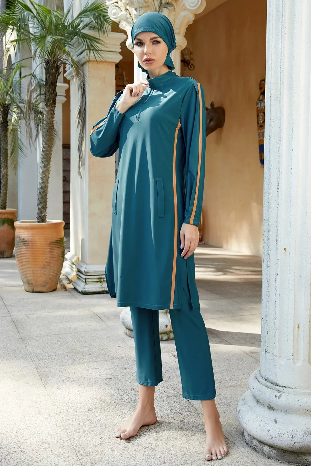 Three Piece Cap Quarter Zip Top And Pants Swim Set For Travel - Southern Shores Clothing