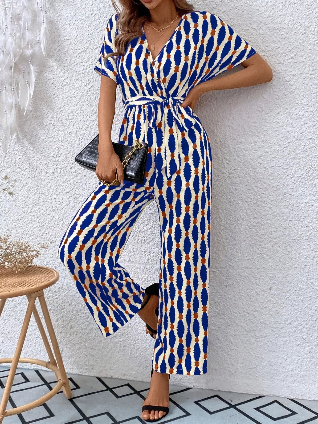 Printed Surplice Tie Waist Short Sleeve Jumpsuit - Southern Shores Clothing