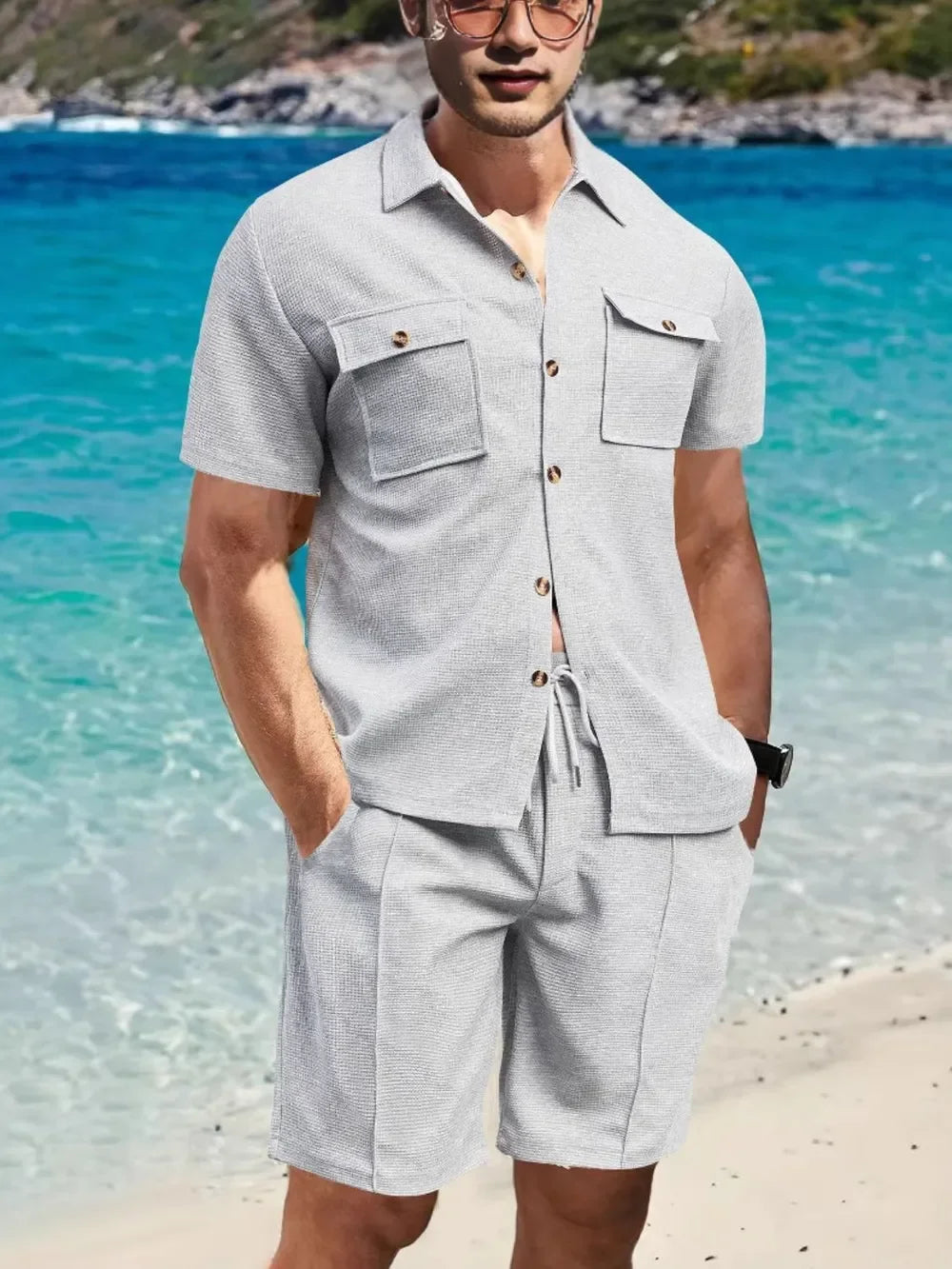 Men's Full Size Button Down Short Sleeve Top and Shorts Set Plus Size - Southern Shores Clothing
