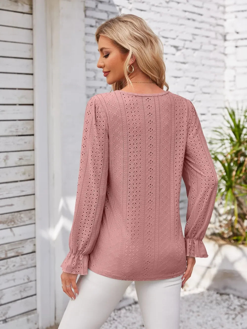 Applique V-Neck Flounce Sleeve Polyester T-Shirt - Southern Shores Clothing