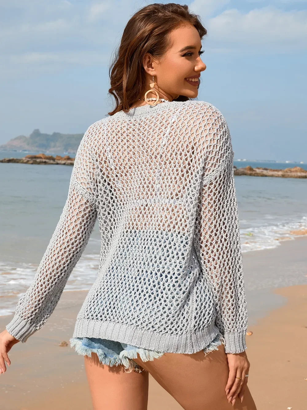 Lightweight Openwork Dropped Shoulder Cover Up