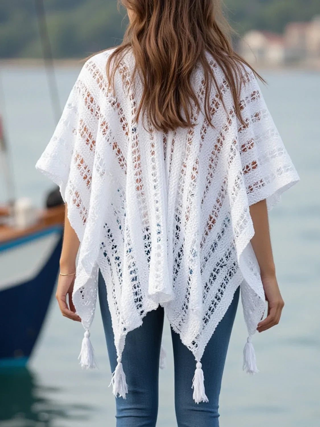 Openwork Tassel Open Front Knit Cover Up Kimono Lightweight - Southern Shores Clothing