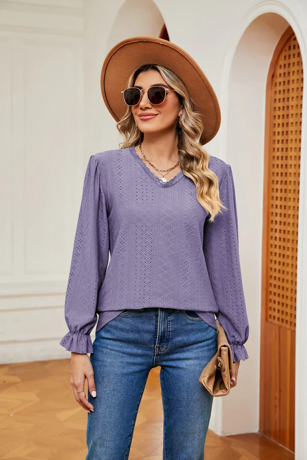 Southern Shores V-Neck Flounce Sleeve Lace Blouse In Stretch Rayon Blend Fabric For Versatile Wear - Southern Shores Clothing