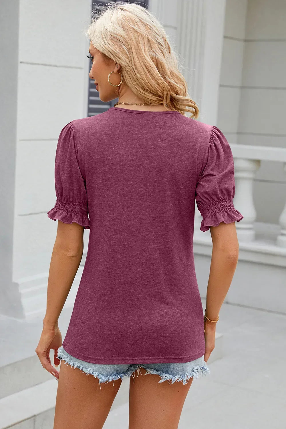 Tie Neck Flounce Sleeve Blouse Rayon Blend - Southern Shores Clothing