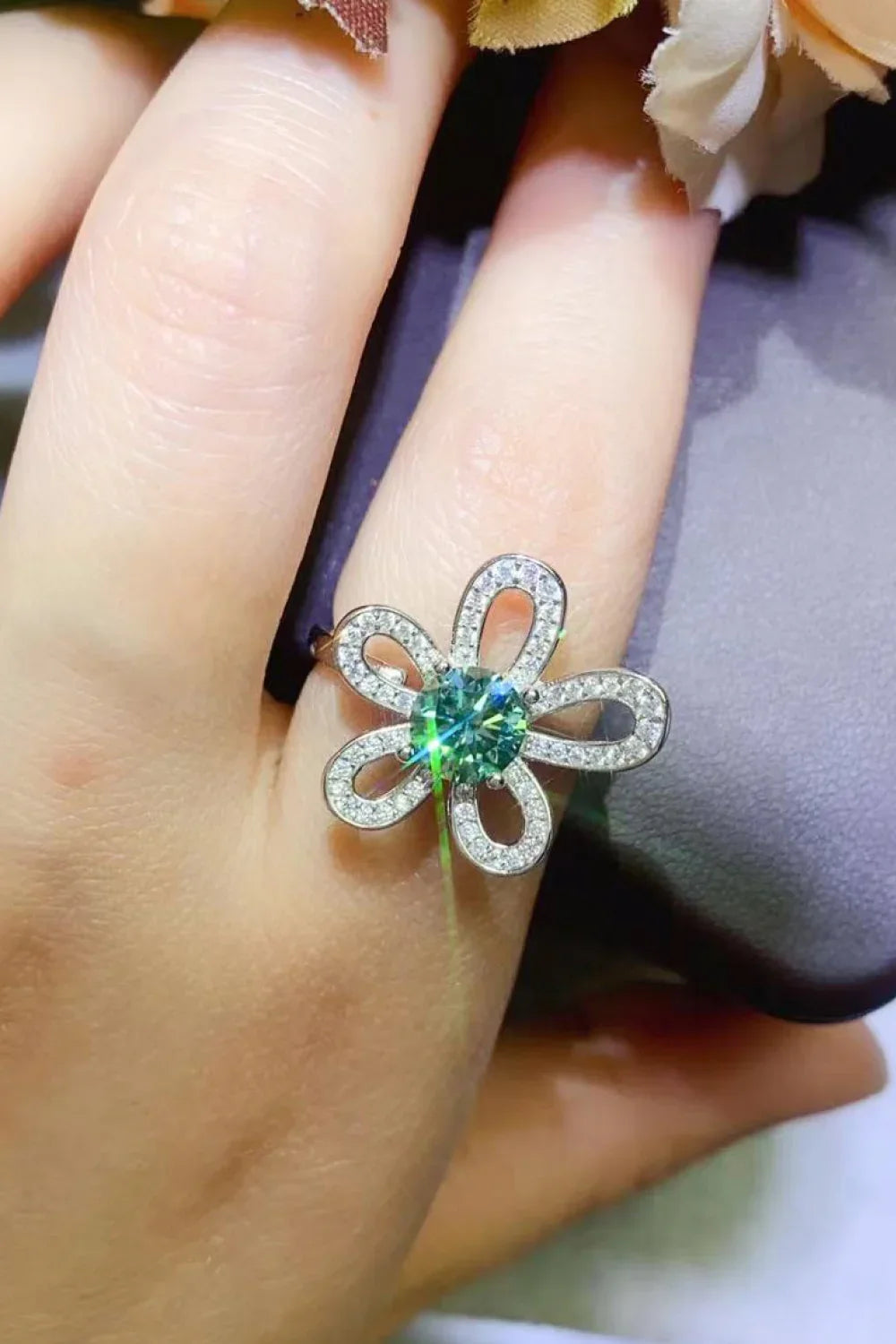 1 Carat Moissanite Flower Open Ring Platinum Plated Silver - Southern Shores Clothing