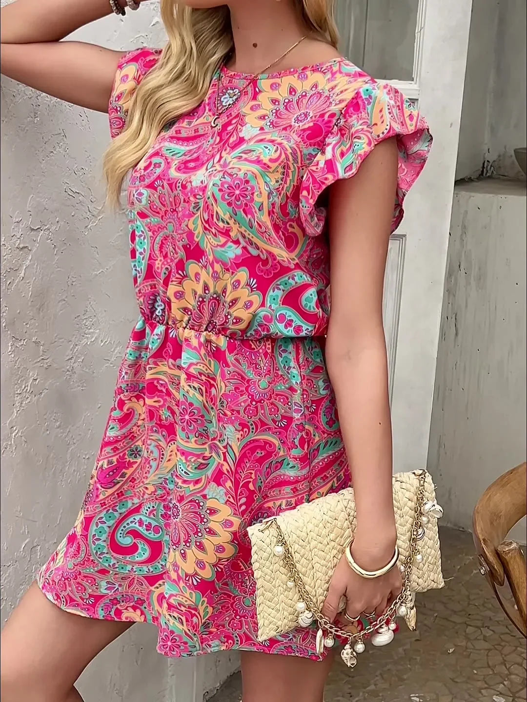 Floral Paisley Print Flutter Sleeve Mini Dress With Ruffles - Southern Shores Clothing