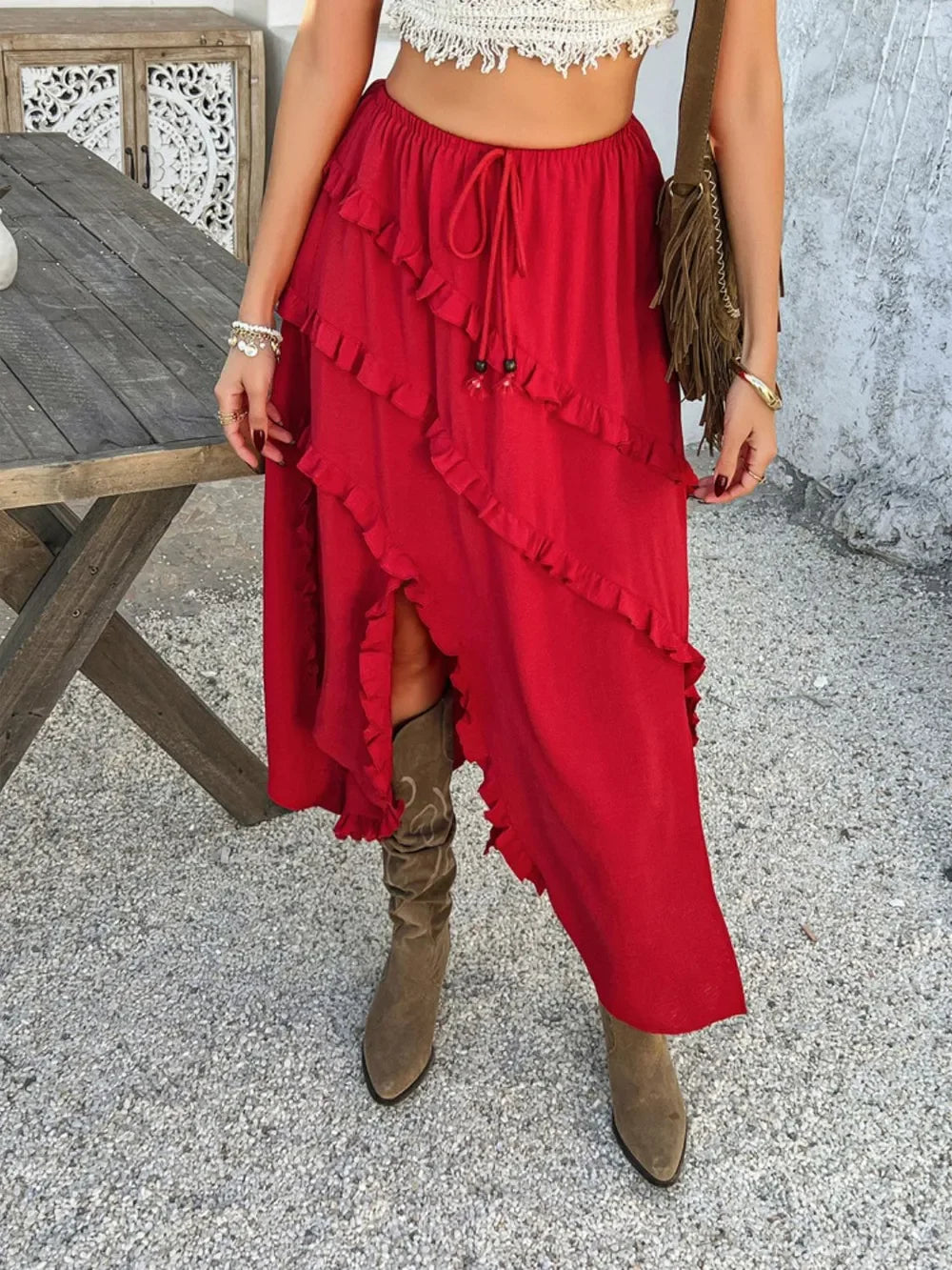Slit Drawstring Ruffled Skirt With Adjustable Drawstring - Southern Shores Clothing