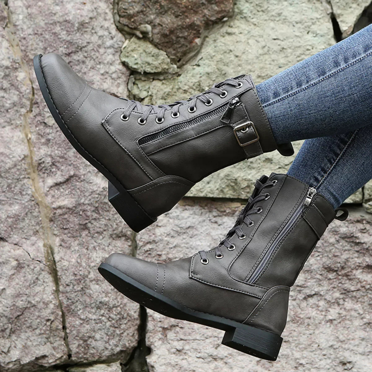 Lace-Up Ankle Boots With Zipper Detail, Low Heels - Southern Shores Clothing